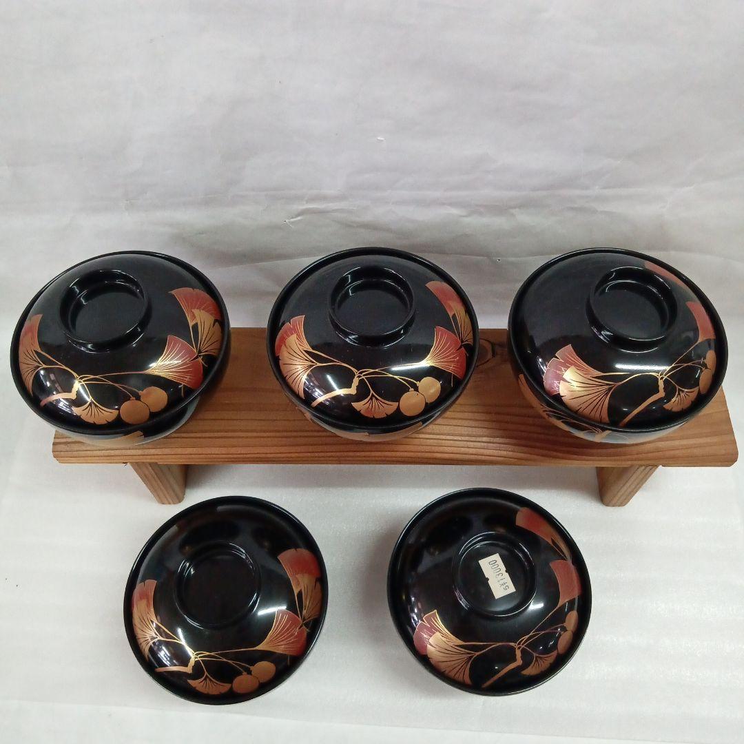 漆塗り椀　天然木５客セット　寿箸付き