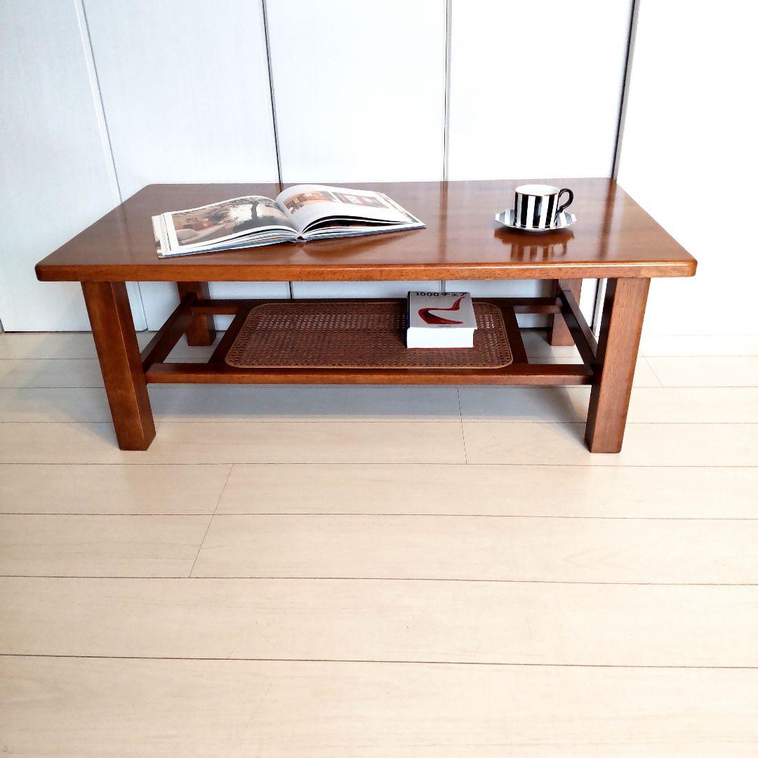 オールドカリモ゙ク　ヴィンテージ　ラタン　棚付き　無垢材　天然木　ローテーブル