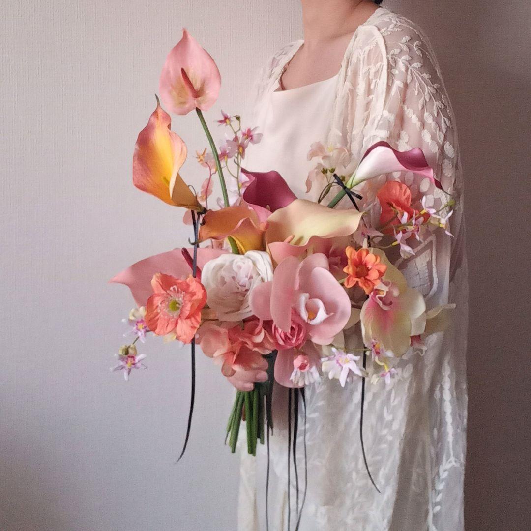 ピンク　オレンジ　イエロー　胡蝶蘭　カラー　アンスリウム　ウェディングブーケ造花