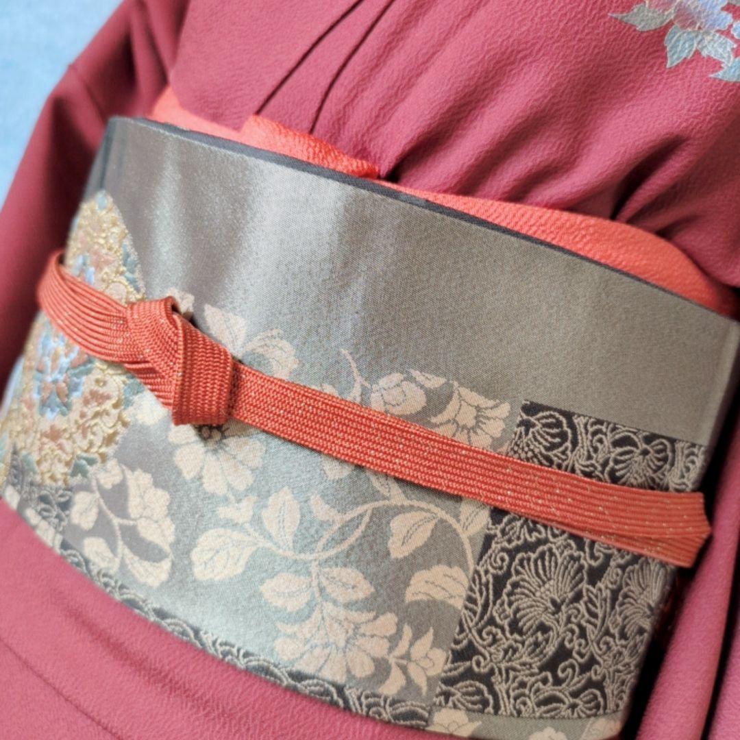 訪問着　フルセット　着物　正絹　赤　金　楽器　笛　バチ衿　O5