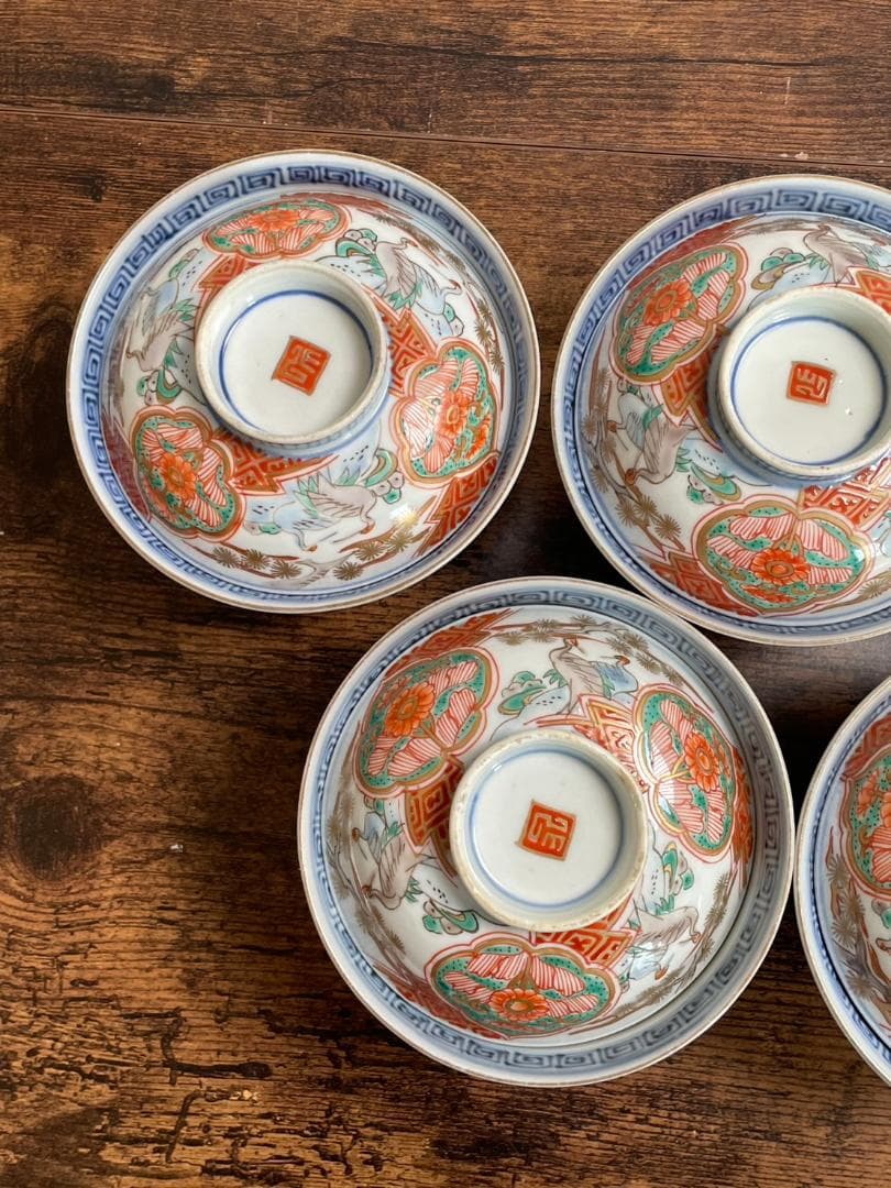 ①古伊万里 金襴手鶴華図茶碗 蓋物 五客 吸物碗/飯碗/お碗/蓋付/40