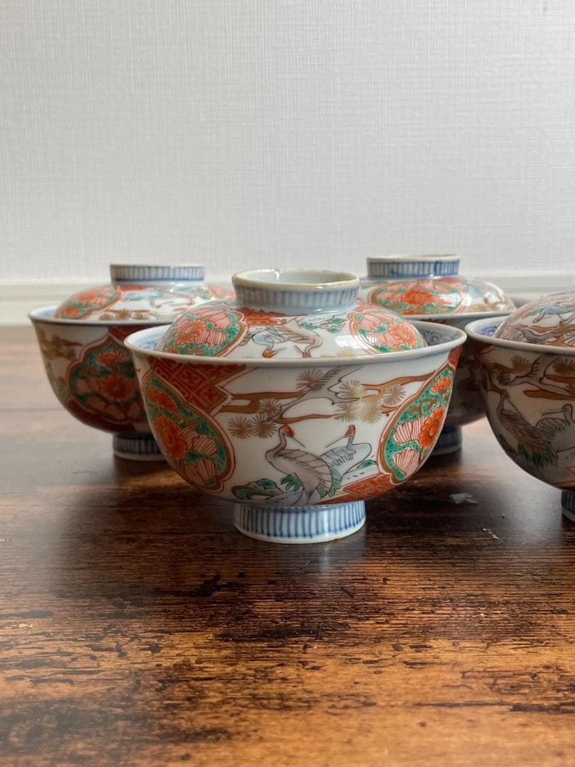 ①古伊万里 金襴手鶴華図茶碗 蓋物 五客 吸物碗/飯碗/お碗/蓋付/40