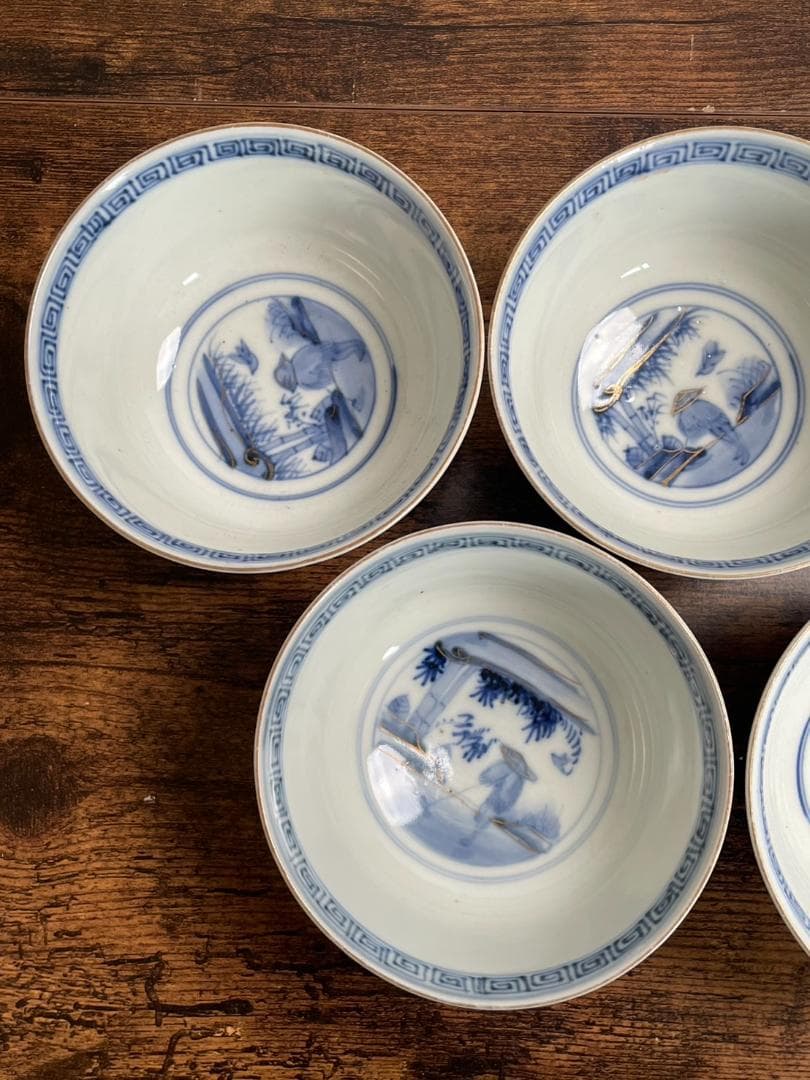 ①古伊万里 金襴手鶴華図茶碗 蓋物 五客 吸物碗/飯碗/お碗/蓋付/40