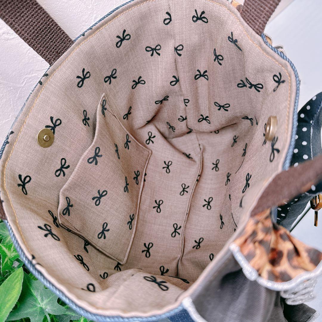 ゆ*ら様 コヤンイサムチョン♡ふっくら黒猫♡豹柄ダブルフリルのデニムトートバッグ