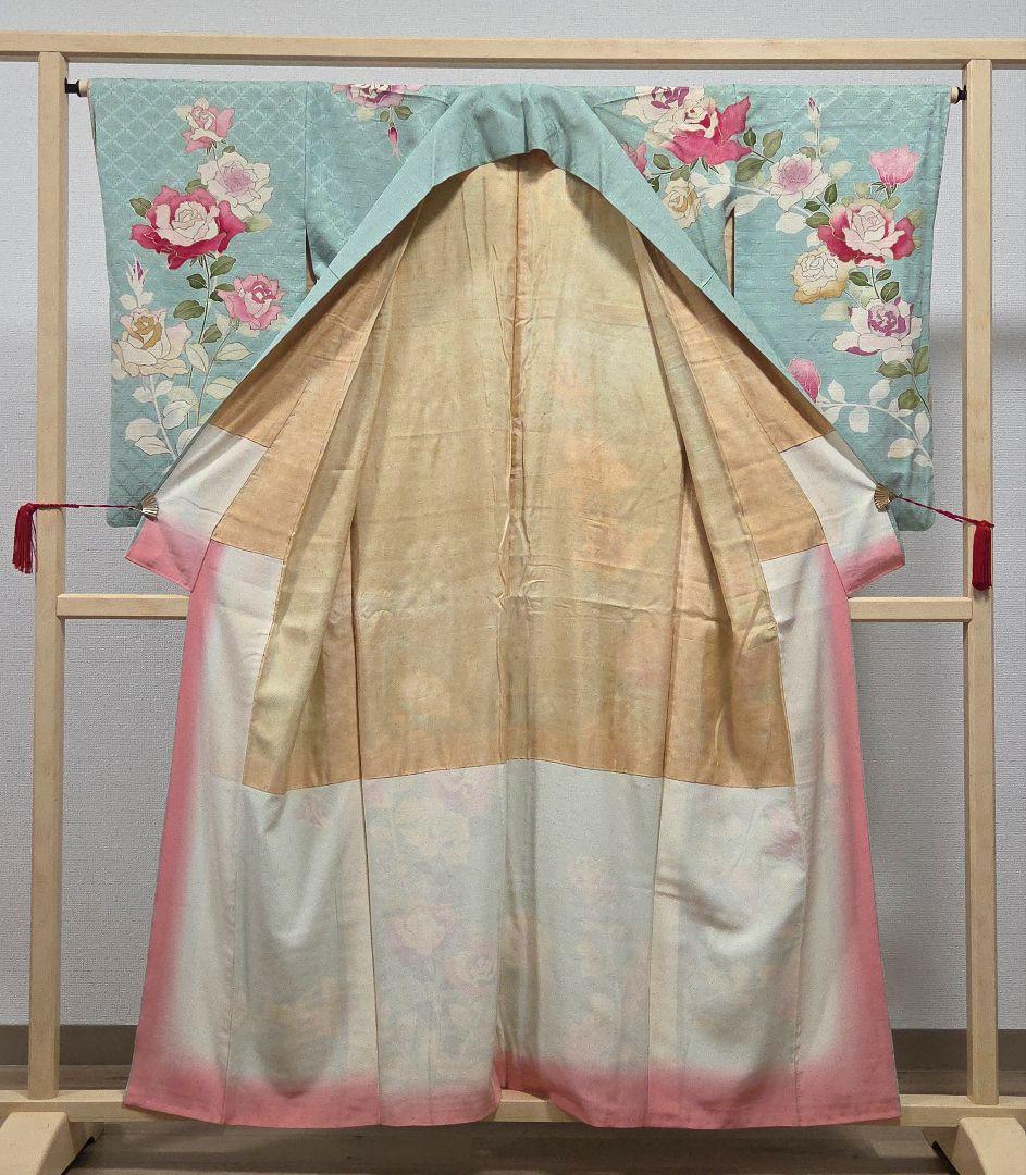 A◆着物くつろぎ セミアンティーク 薔薇 金彩 金駒刺繍 水色 袷 訪問着 着物