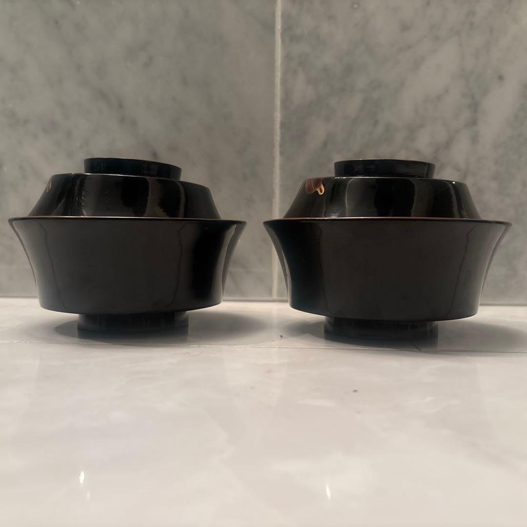 アンティーク金彩と貝の螺鈿模様の蝶々とお花が芸術的で絢爛豪華な木製輪島お椀2客