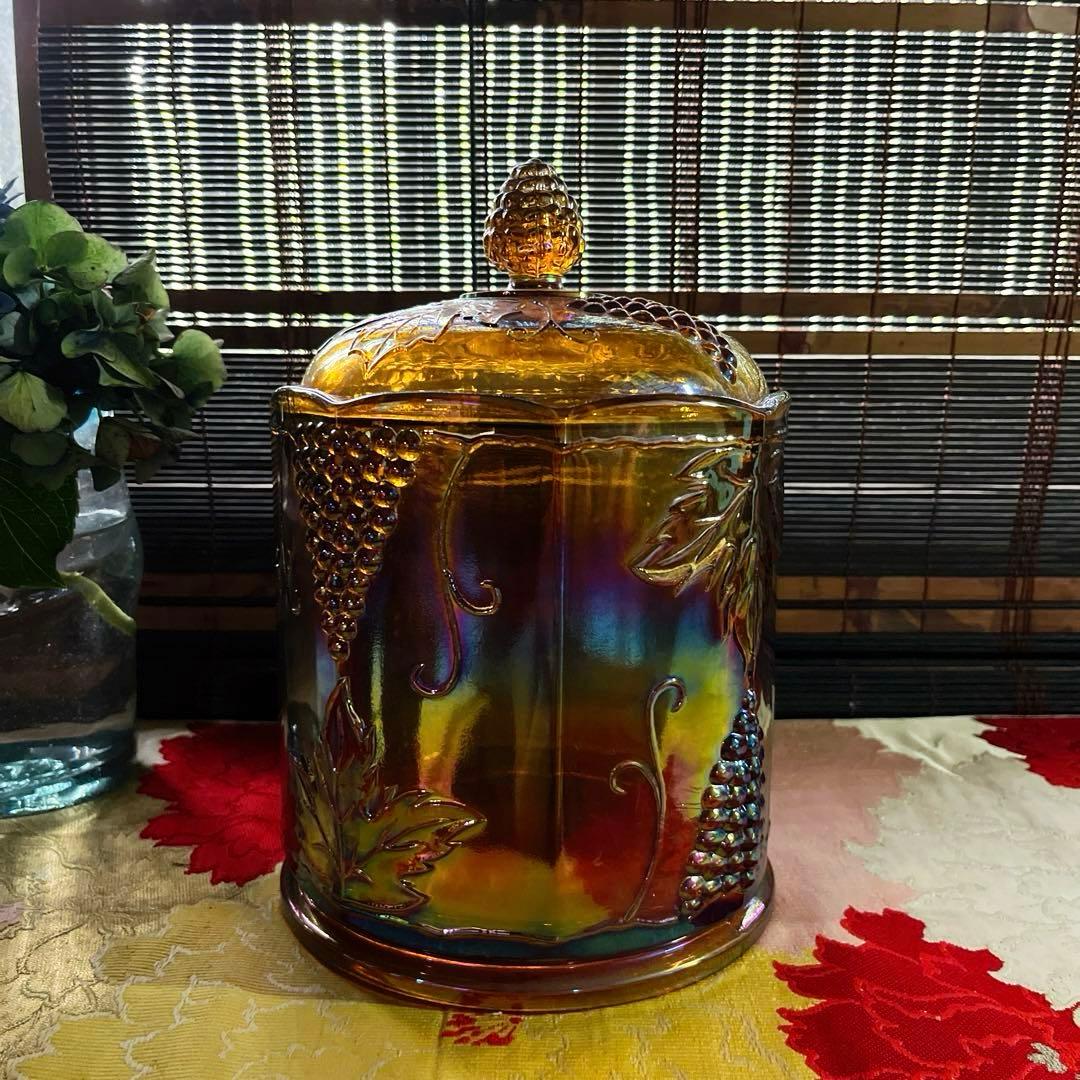 骨董　レトロプレス　カーニバルグラス　アンバー　ラスター彩葡萄模様　キャニスター