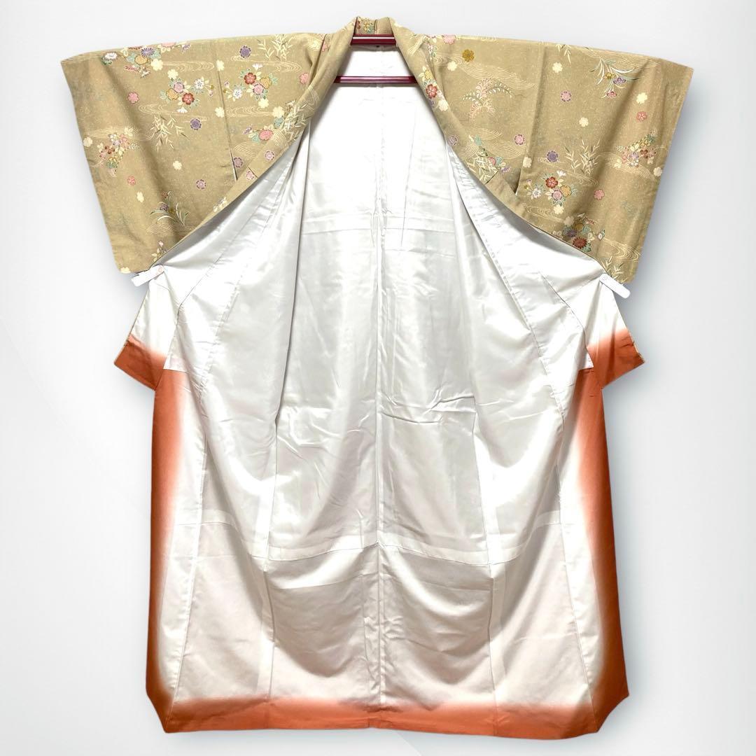 【美品✨】東レシルック　洗える着物　小紋　四季草花　くすみの黄　トールサイズK7
