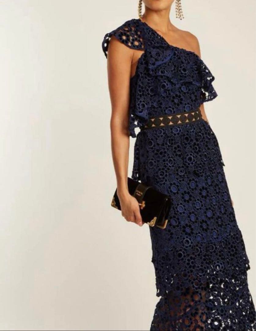 self−portrait ネイビー フラワーレース アシンメトリー ワンピース