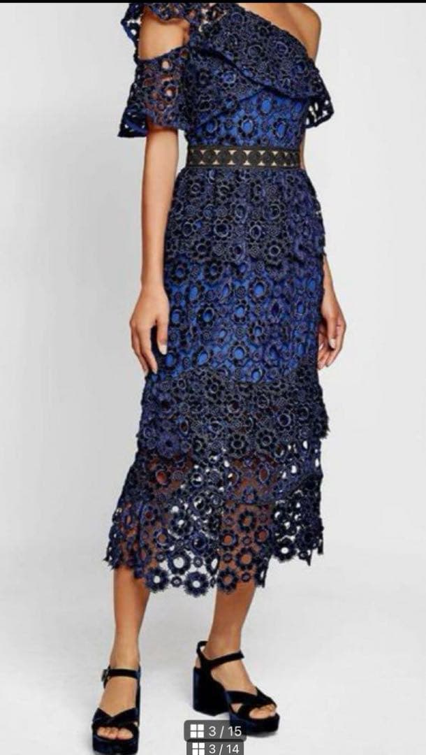 self−portrait ネイビー フラワーレース アシンメトリー ワンピース