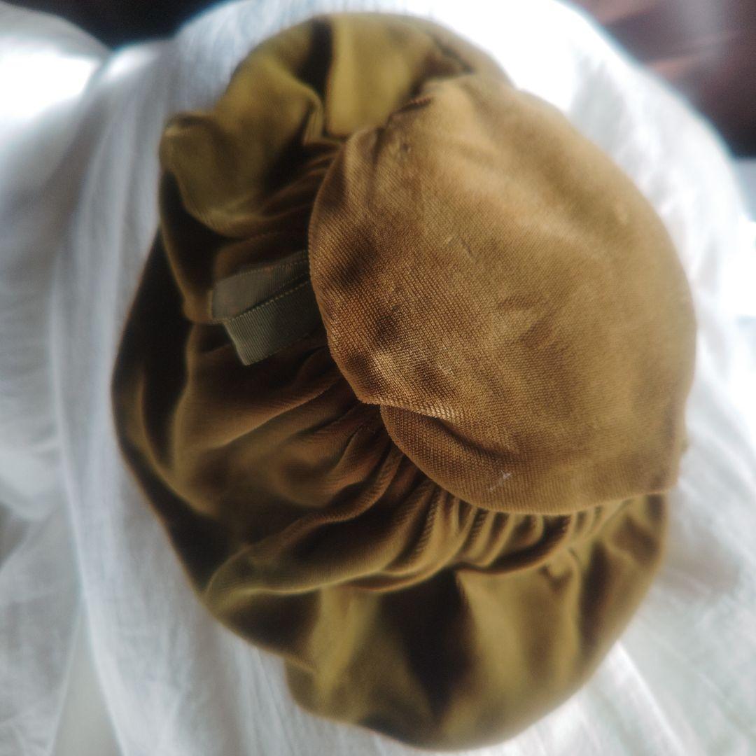 アンティーク　帽子　オリーブグリーン　ベルベット　グログランリボン