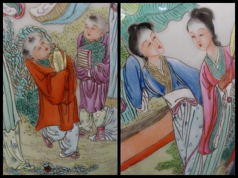 清時代 雍正年製在銘粉彩色絵『人物物語文』飾壺/ 花器 金継ぎ”あり