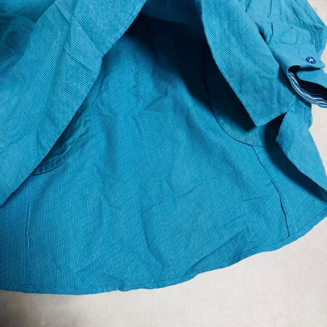 ギエモン　久留米かすり　長袖シャツ　ターコイズブルー　日本製　カラフルボタン　L