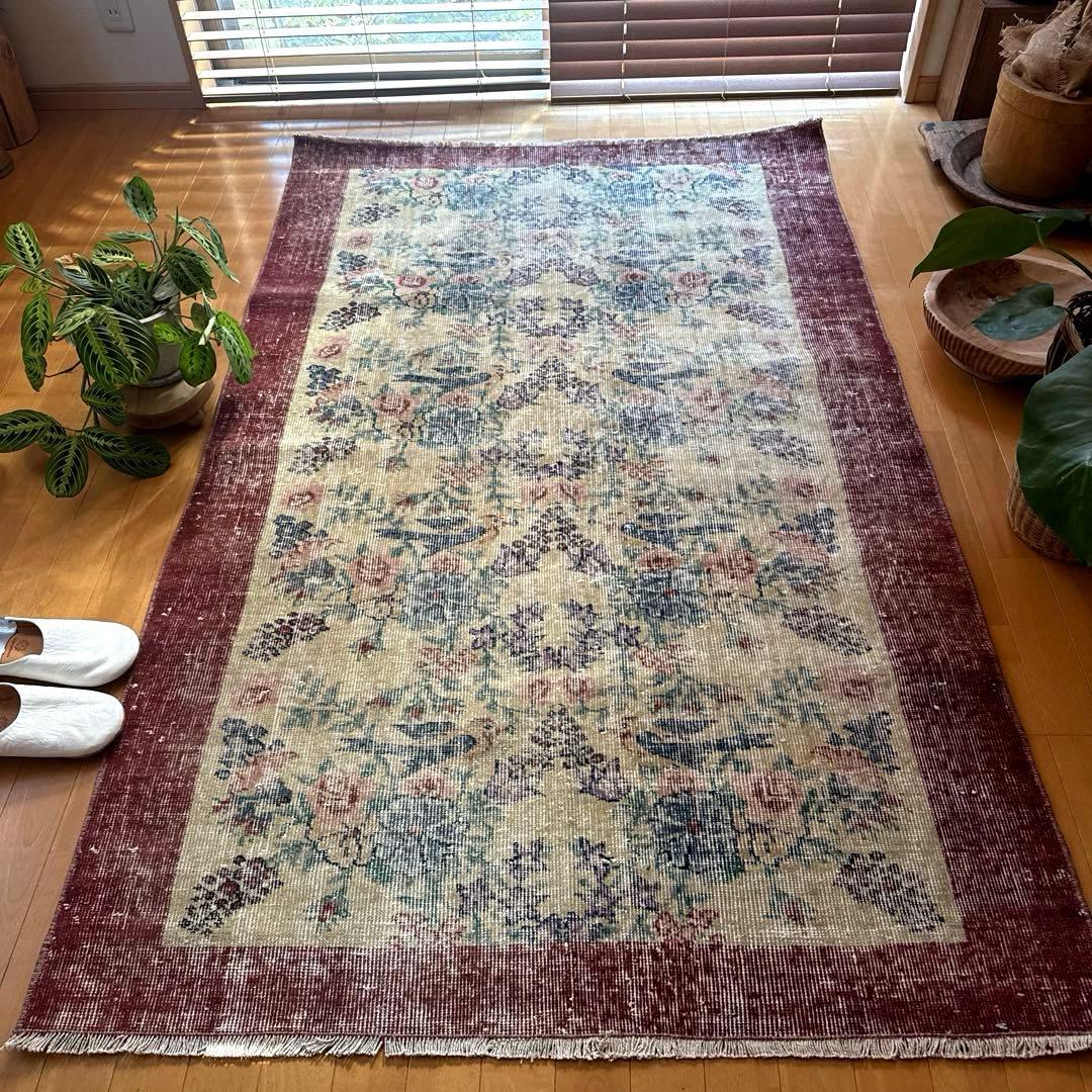 貴重116×190幸せの青い鳥　birdラグボタニカル　トルコヴィンテージラグ
