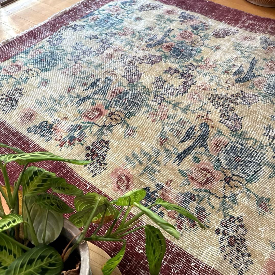 貴重116×190幸せの青い鳥　birdラグボタニカル　トルコヴィンテージラグ