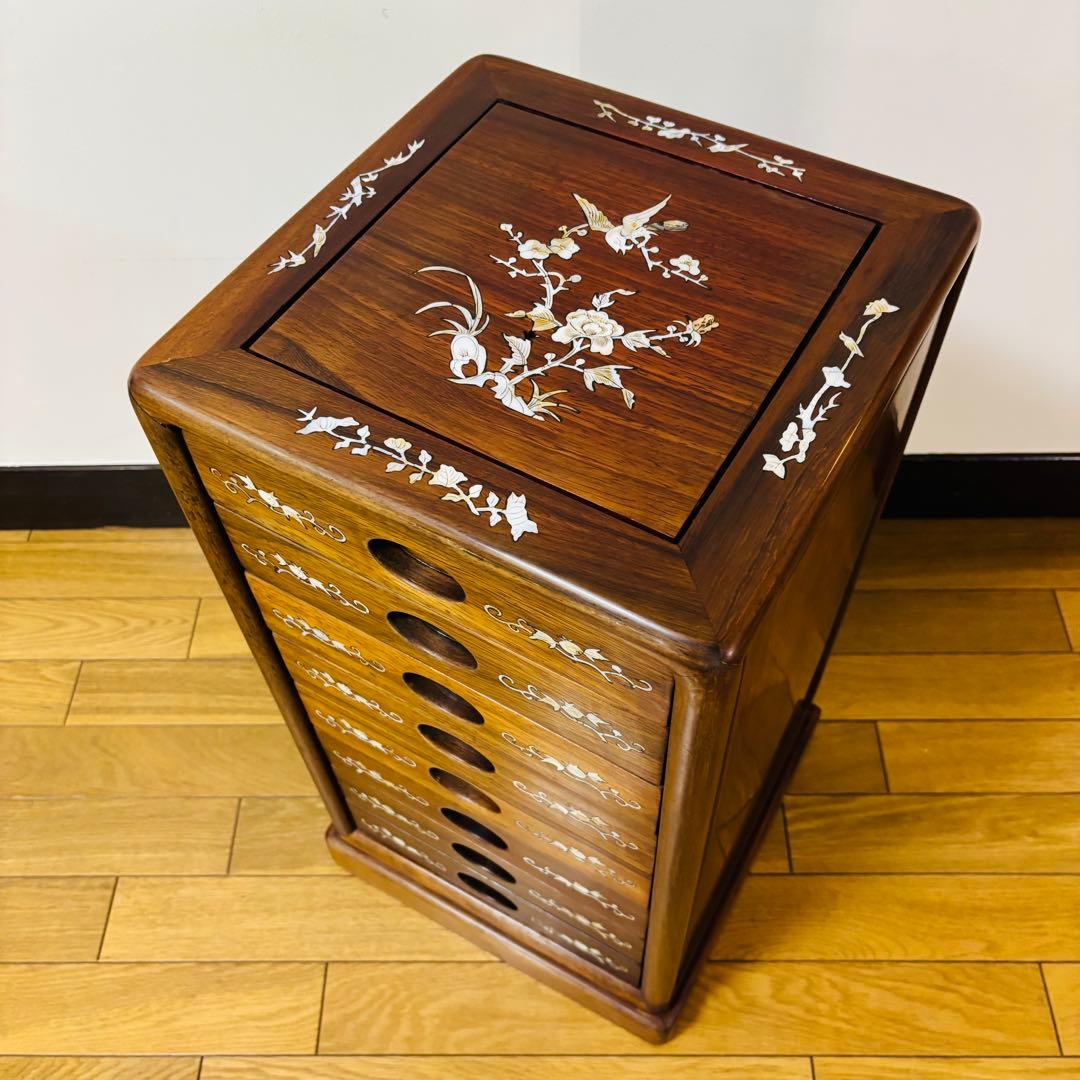 中国骨董 唐木 花梨 無垢材 螺鈿細工 小引き出し 8杯 8段箪笥 箪笥 タンス