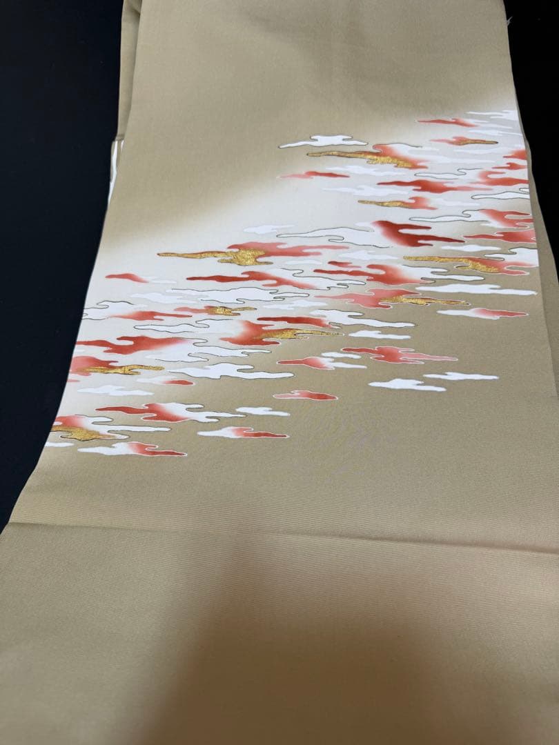 【銘品新品】京都老舗銘店「ゑり善」高級塩瀬帯 ベージュ色「褄霞文様」手描き友禅