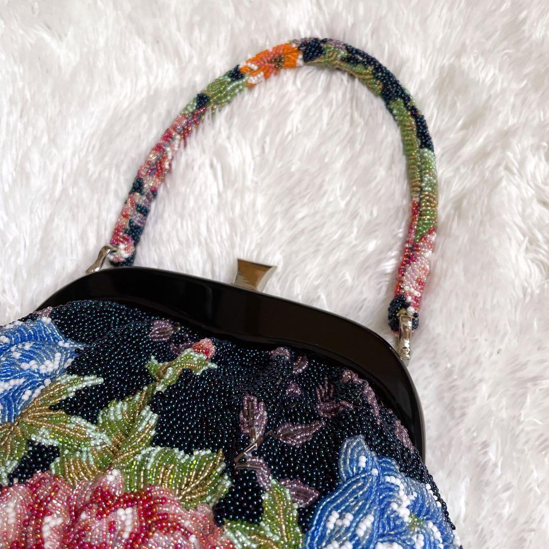 【美品】ビーズバッグ　手刺繍　総柄　花柄　総ビーズバッグ　和装　がま口 手鏡付き