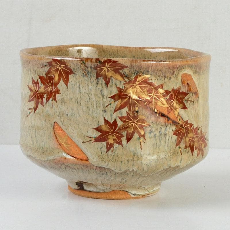 茶道具　京焼　秋峰窯　中村良二作　窯変紅葉絵　茶碗　共布共箱　V　9755