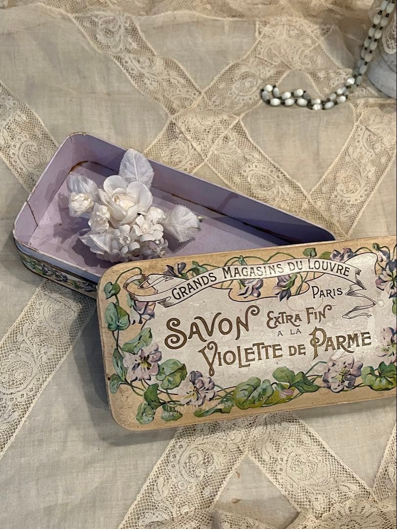 ◆フランスアンティーク｜レア1900年代パリ石鹸箱アールヌーボー紙箱すみれ紫花