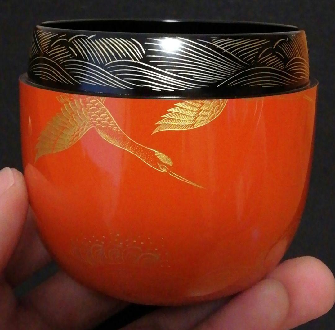 秀治作　沈金　鶴　棗　共箱　共布　茶道具