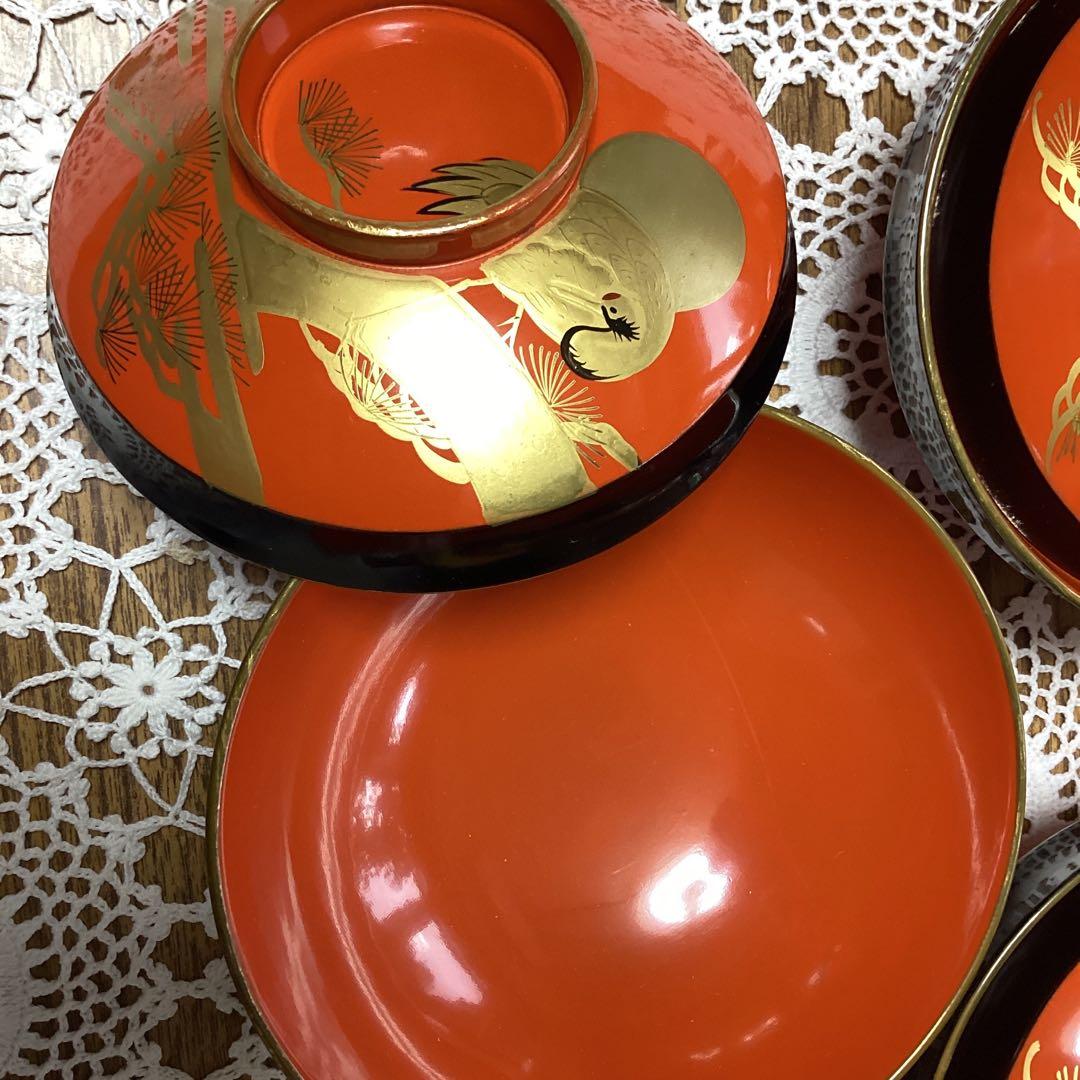 k2f19 漆器 吸物椀　10客　　朱　金色の鶴デザイン