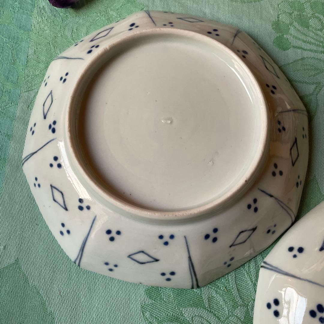 古伊万里　染付　霊獣　格子模様　中皿　2客