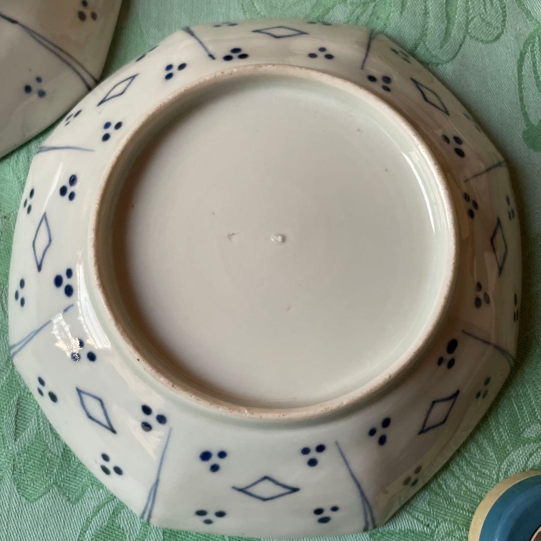 古伊万里　染付　霊獣　格子模様　中皿　2客