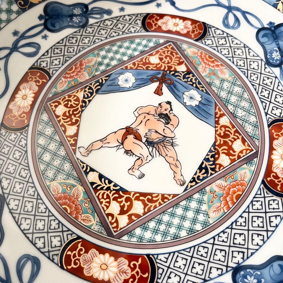 【新品・未使用】相撲力士デザインの和風皿　古伊万里 色絵 大皿　伊万里大鉢大相撲