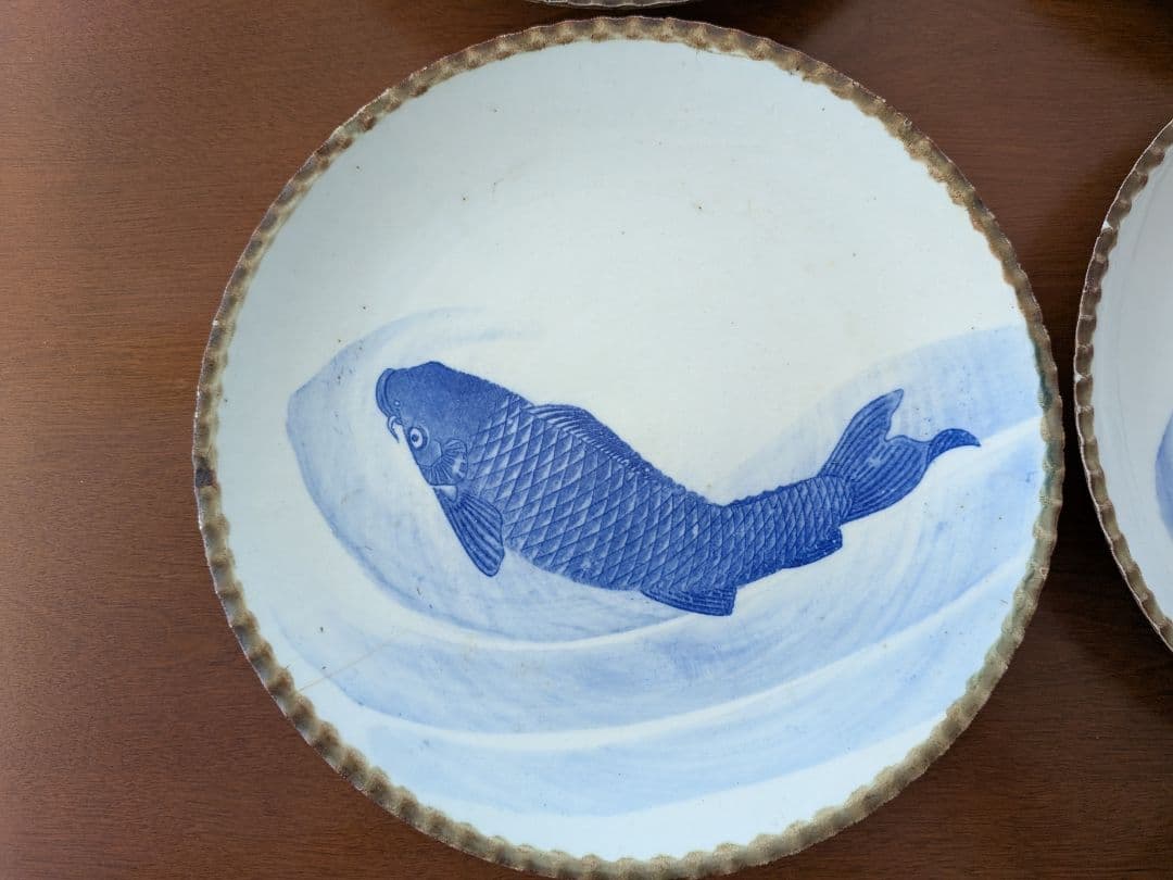 m*0様 青い鯉の絵柄の皿 イゲ皿 直径約24cm 10枚セット アンティーク