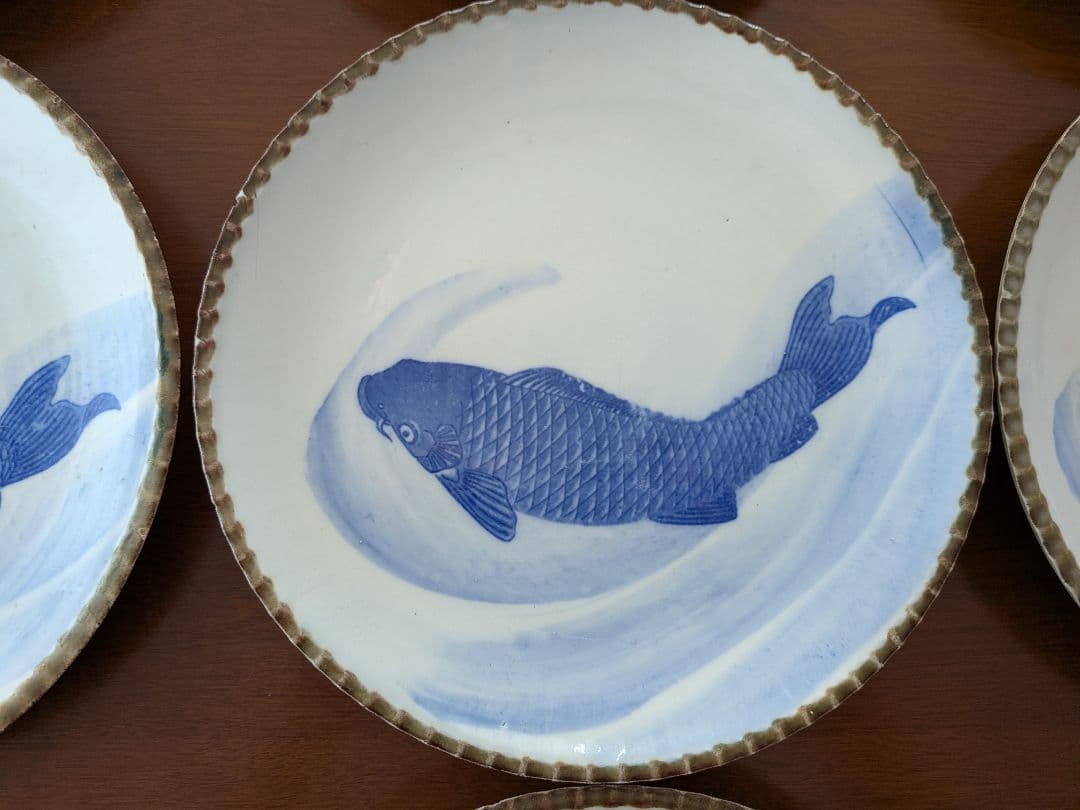 m*0様 青い鯉の絵柄の皿 イゲ皿 直径約24cm 10枚セット アンティーク