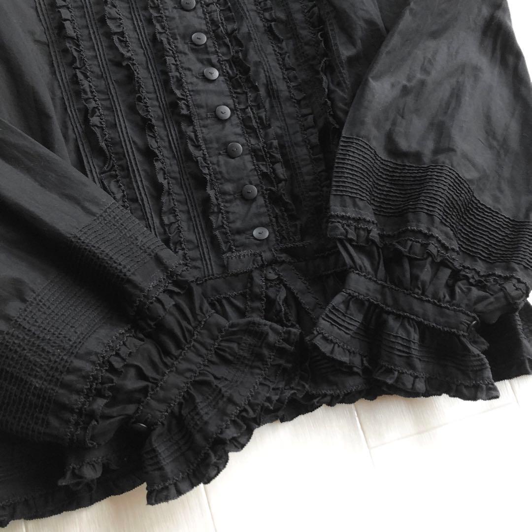 カネコイサオ 綿ローン ピンタック ピコフリル 黒 ブラウス