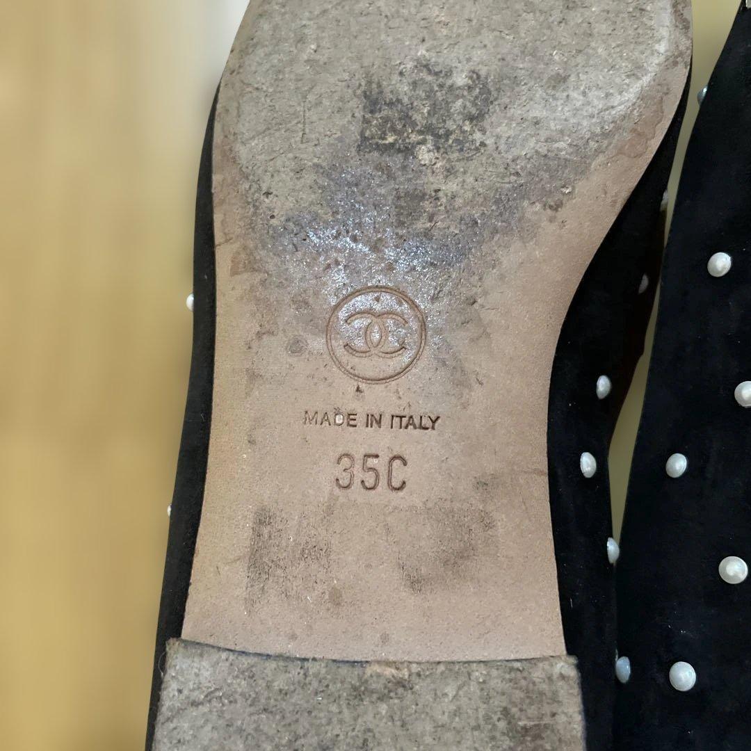 CHANEL ブラック フラットシューズ パール装飾