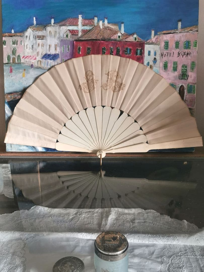 アンティークブルージュ ロザリンペルレレース シルクファン 象牙色スティック