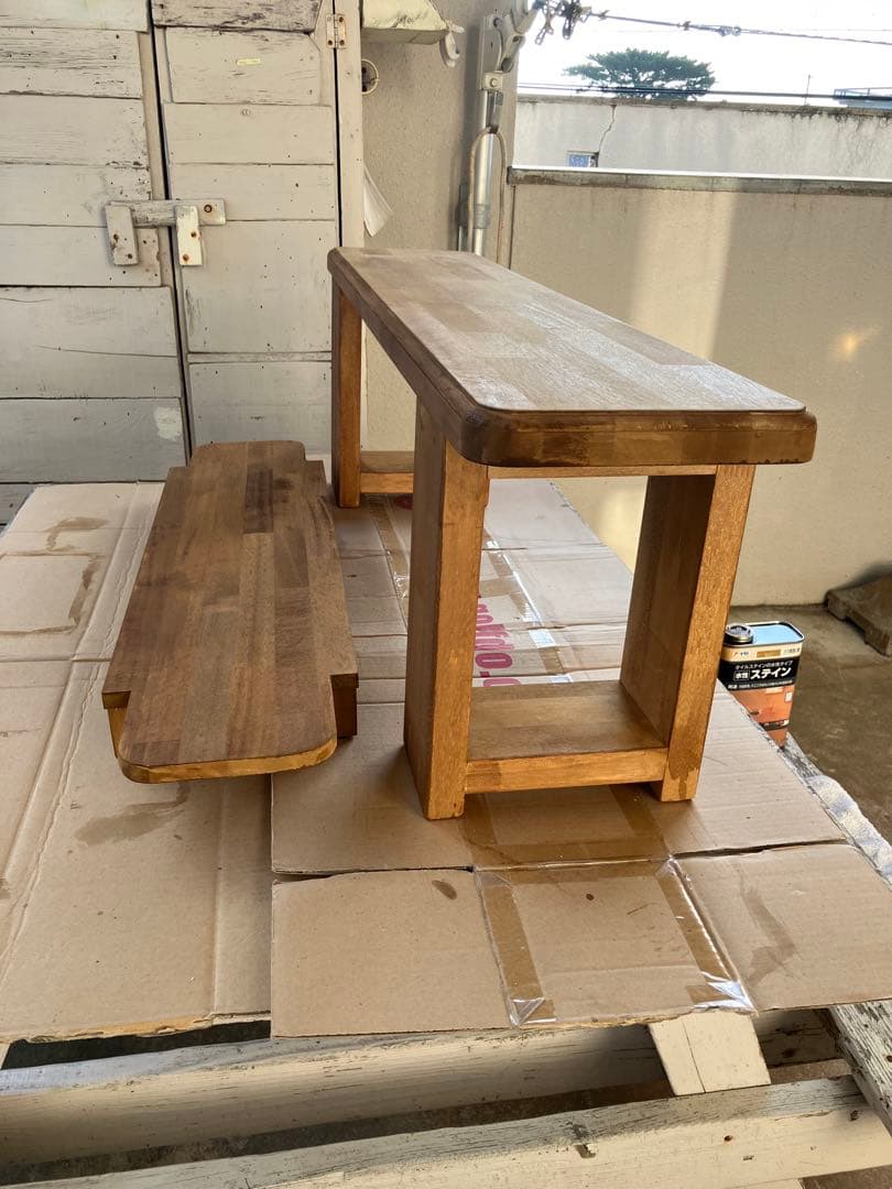 大幅値下げ！隠し棚有り　ハンドメイド　二人掛け木製椅子　飾り棚　集成材使用