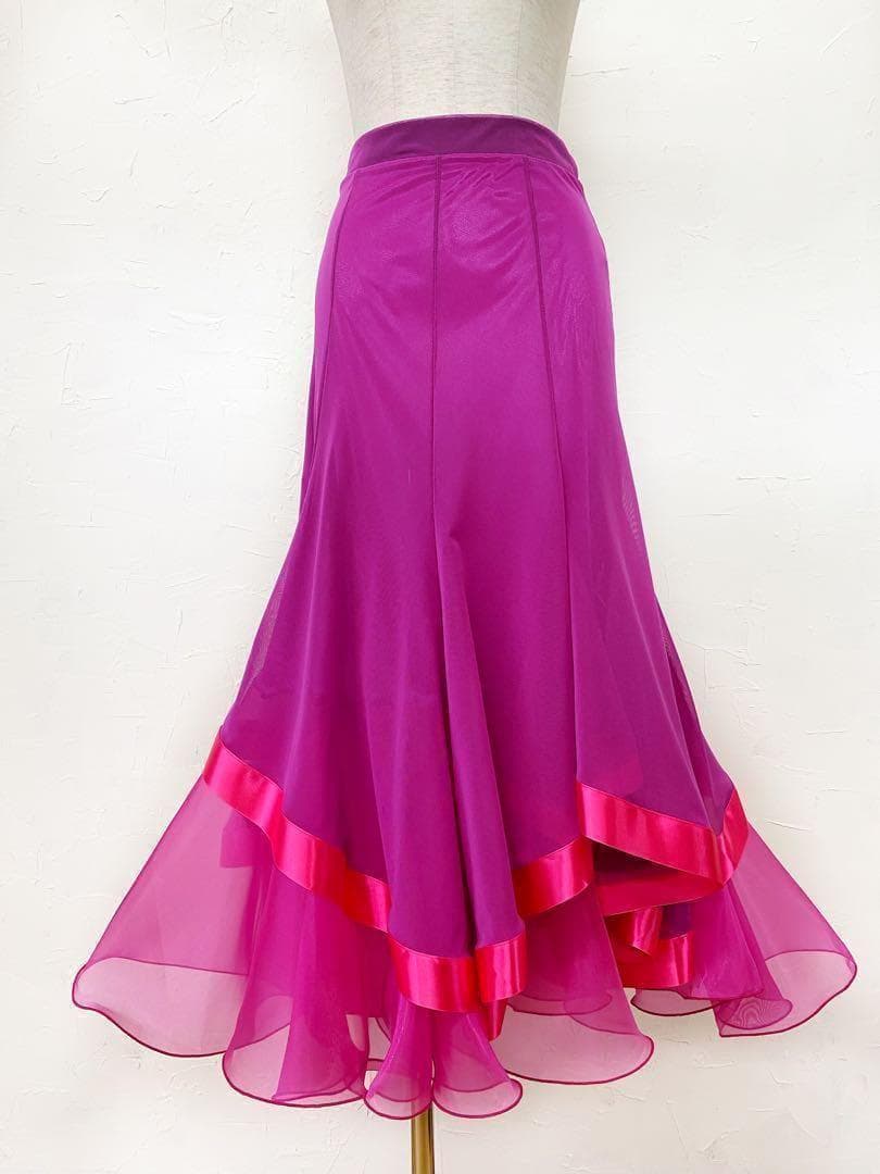 フーシャピンク　新作 社交ダンス用裾サテンテープ 　ロングフレアスカートｄ071