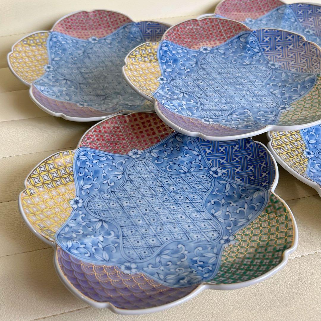 三洋陶器　龍峰窯　染付更紗　金彩地紋　桜型　和皿揃　5枚セット　中皿　輪花皿