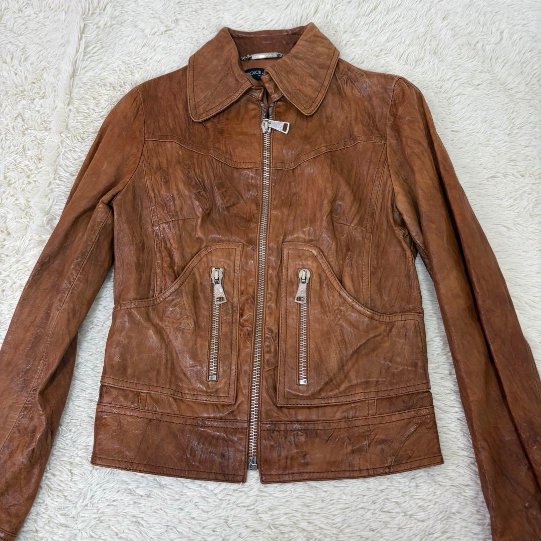 美品　ドルガバ　シングルライダースS 茶色　ラムレザー　色ムラ•シワ加工