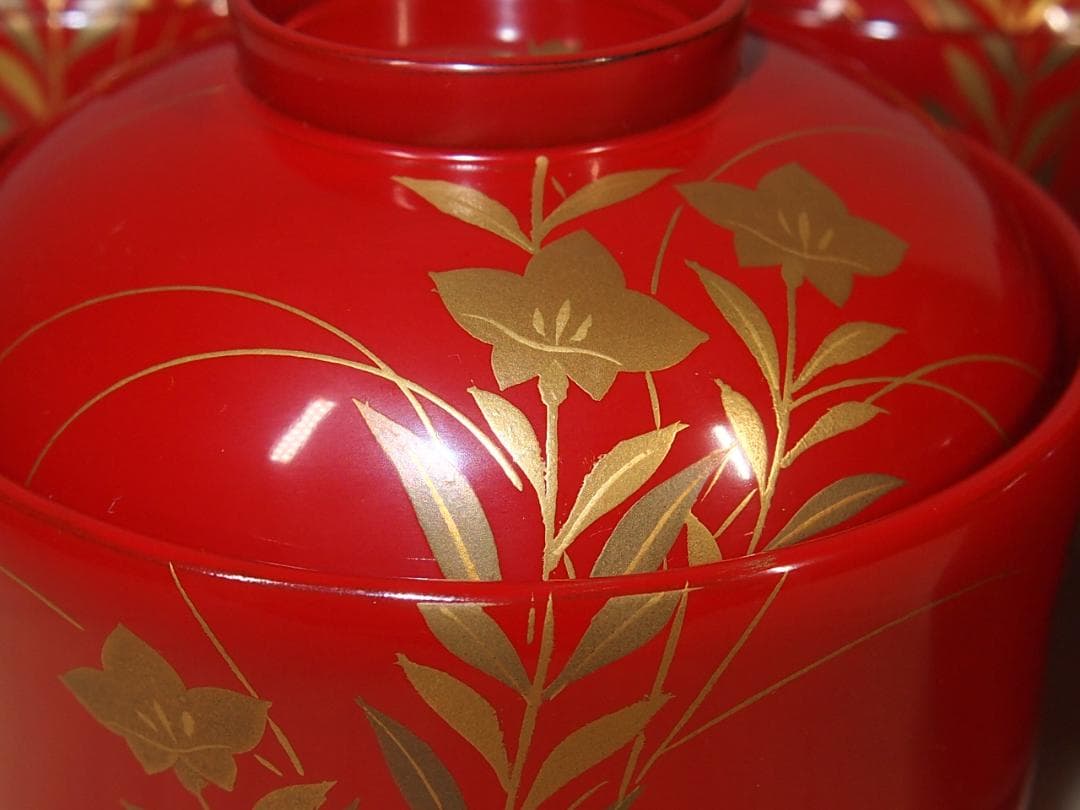 【美品】輪島塗 西久保田漆器店 朱塗 桔梗蒔絵 小吸物椀 5客 瓢型 漆器/食器