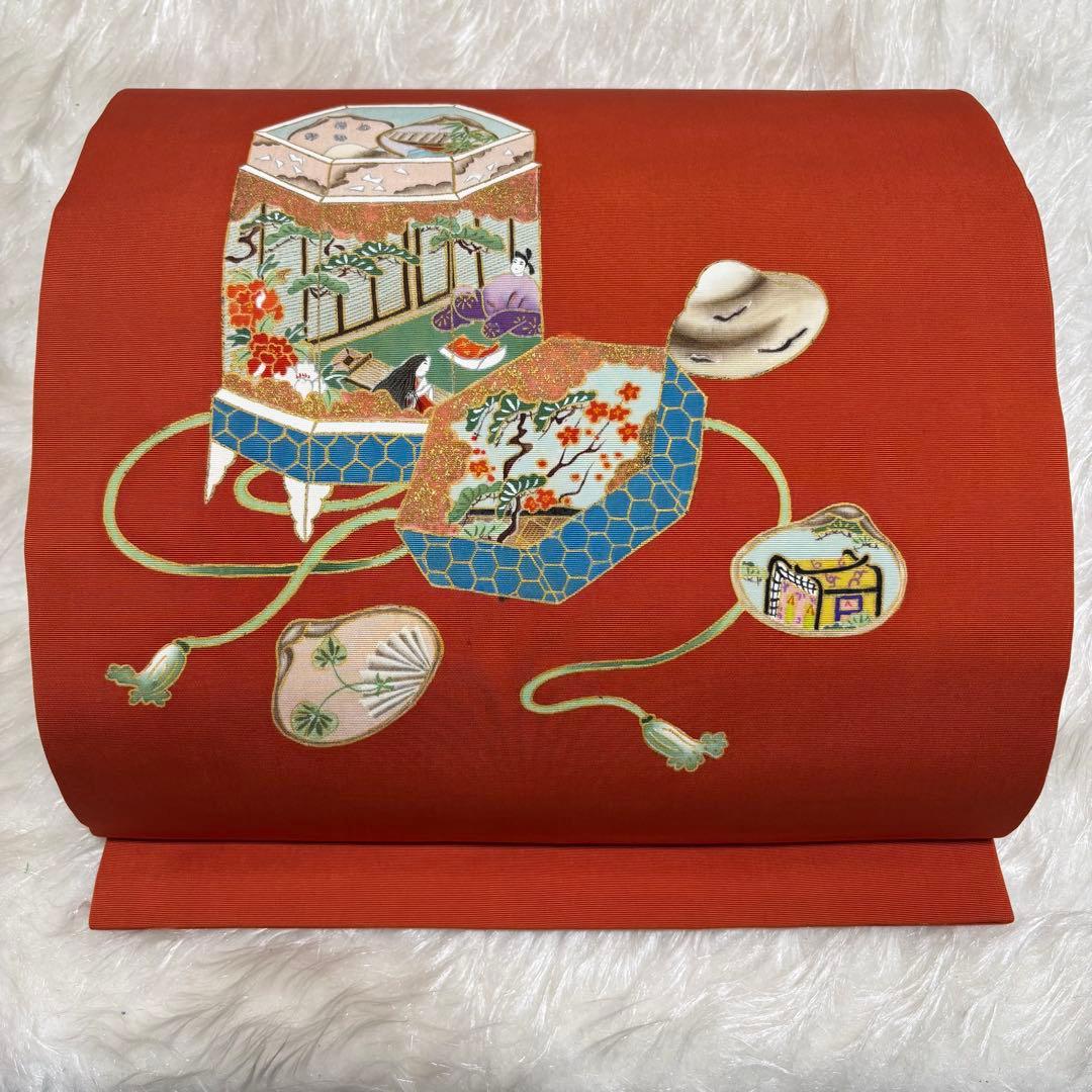✨ 美品【 名古屋帯 九寸帯 】 貝桶 平安貴族 塩瀬 太鼓柄 手描き 391