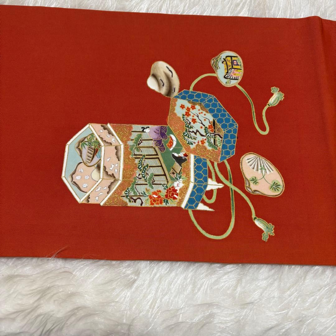 ✨ 美品【 名古屋帯 九寸帯 】 貝桶 平安貴族 塩瀬 太鼓柄 手描き 391