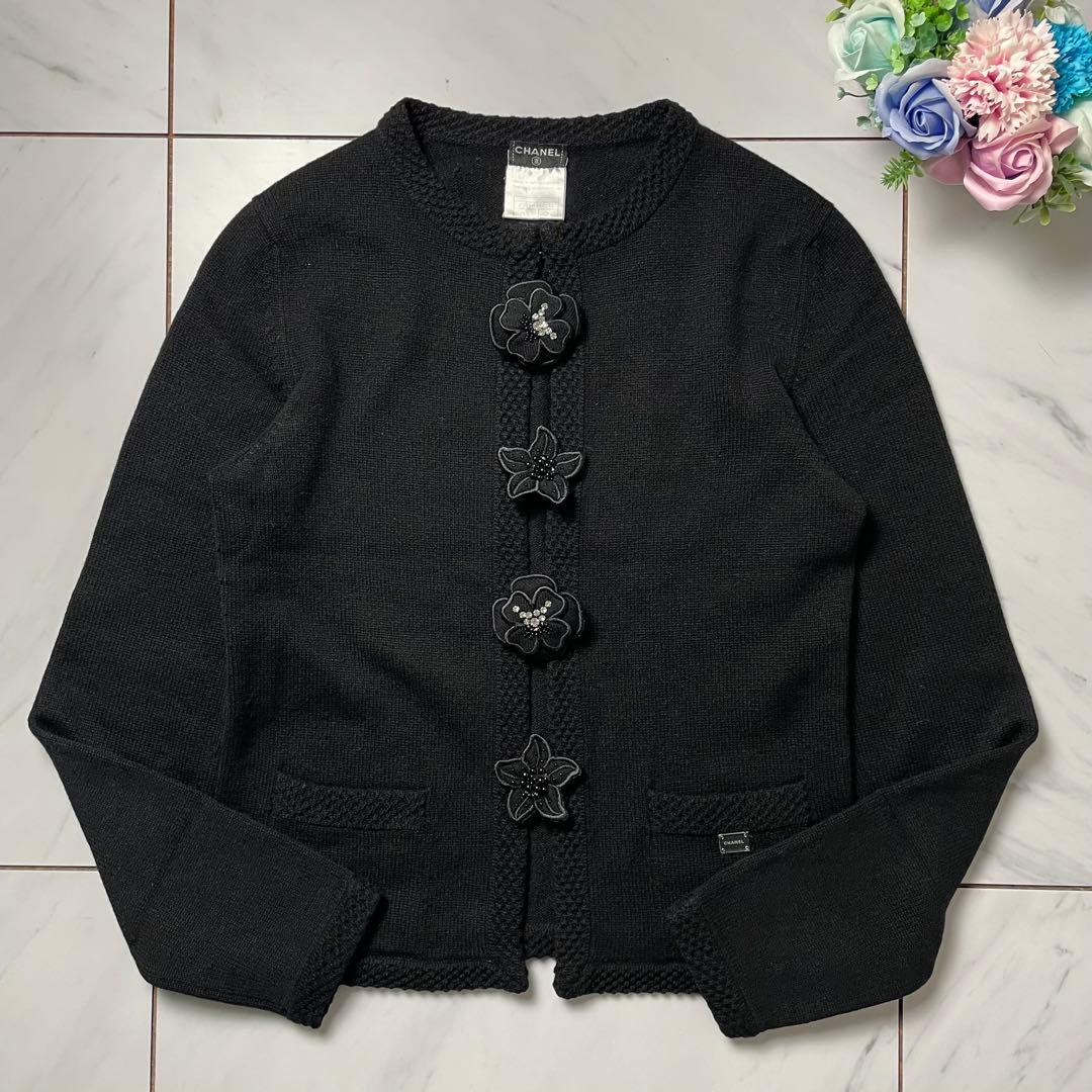 CHANEL 05P ピュアカシミヤ カーディガン カメリアブローチ付 黒 36