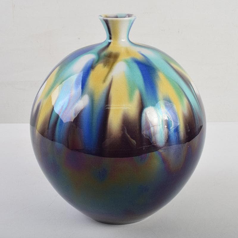 九谷焼　柳雨軒　三代八十吉　徳田正彦作　彩釉　壷　共箱　U　R9360B