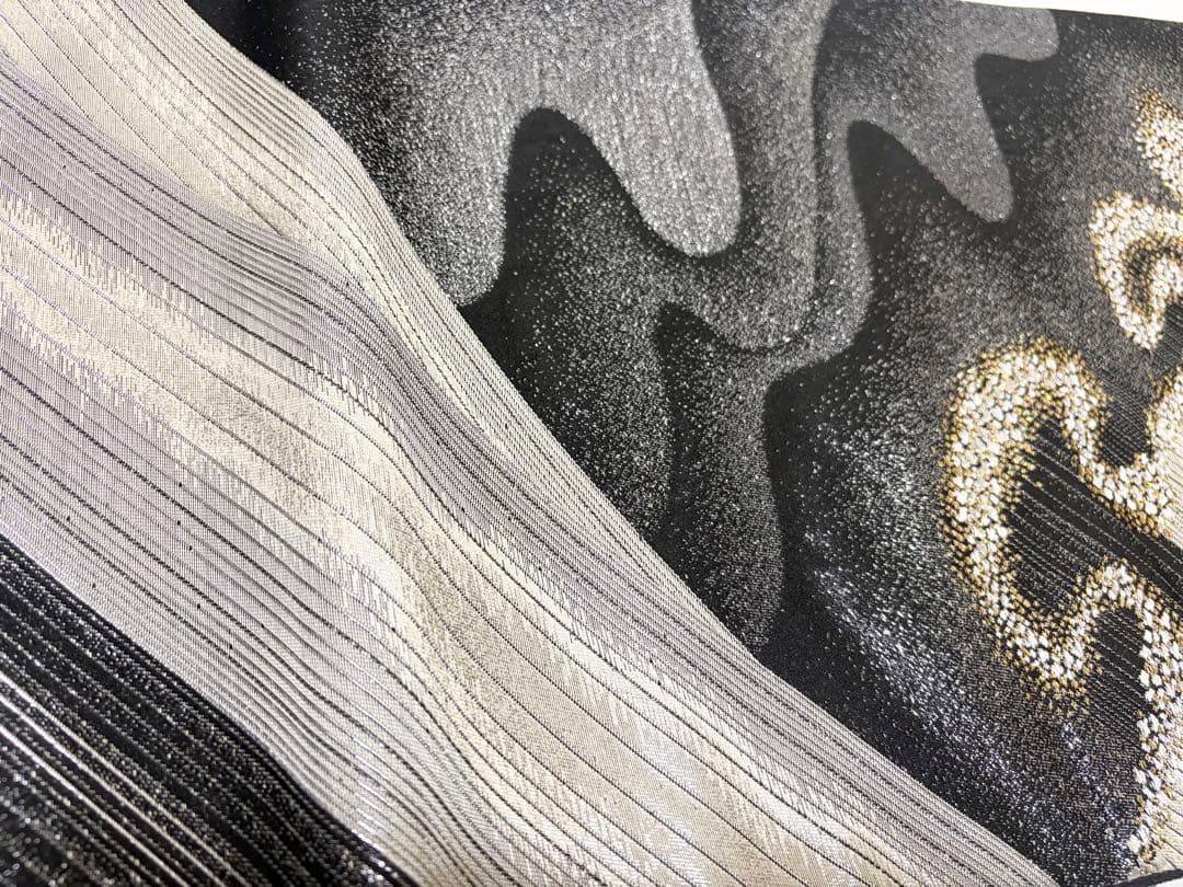 F オーロラ模様 キラキラ 金銀糸 黒地 正絹 六通 袋帯 O1