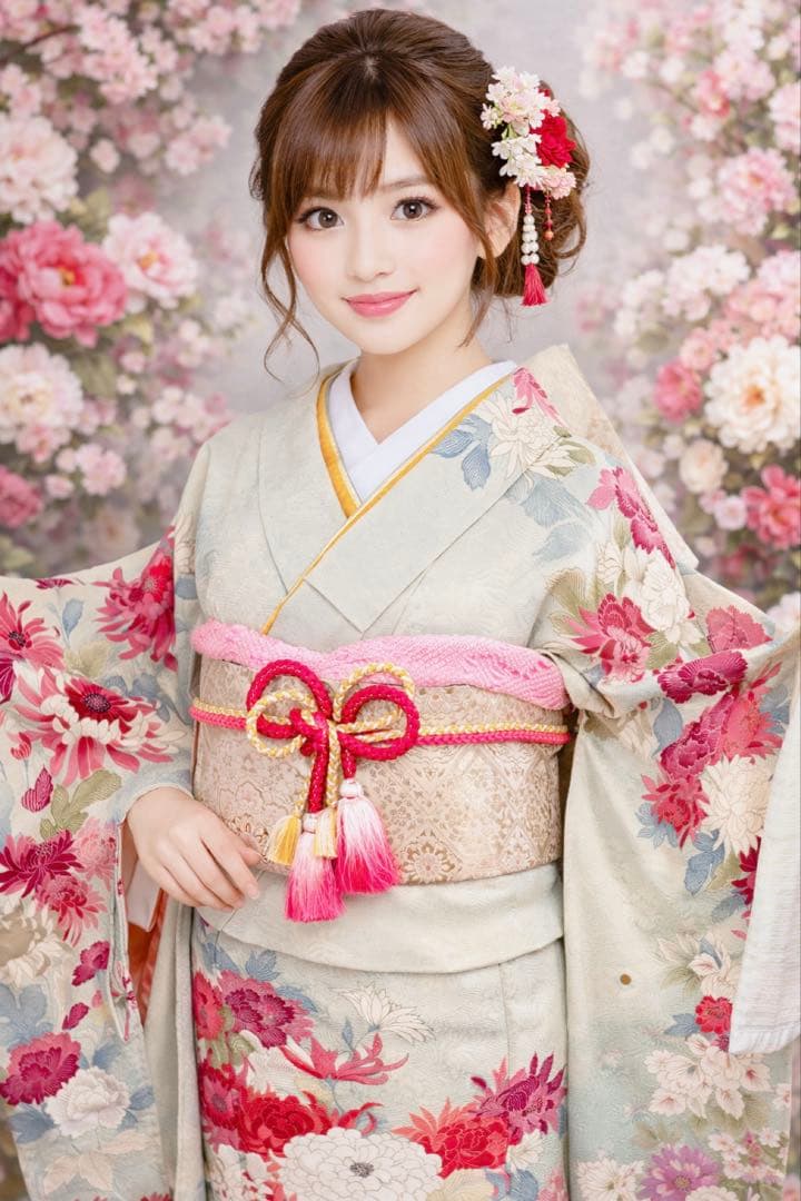 商品状態欄必須確認！新品　正絹振袖フルセット　牡丹•菊調　淡い青色 花柄