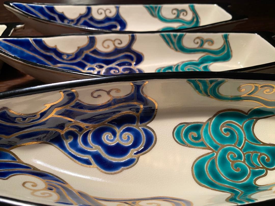 京焼焼向付　仁清流水舟形向付5客　新品未使用