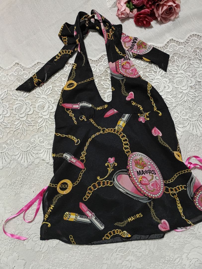 MARS マーズ ギャル　Y2K ブラックコスメ柄ホルターネックトップス