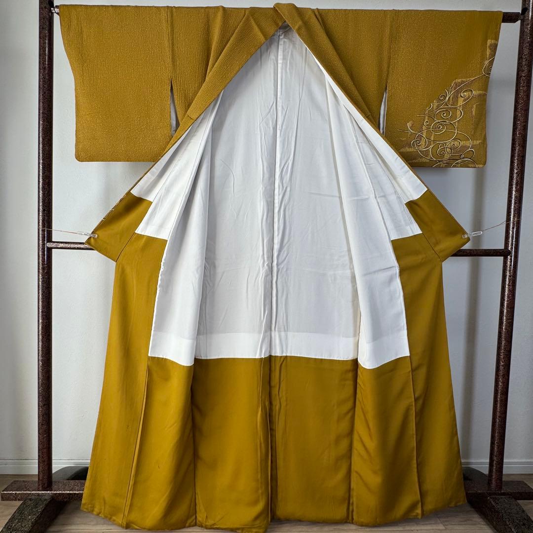 超美品　正絹　袷　広襟　訪問着　着物 168裄67 ふくれ織　からし　黄　トール