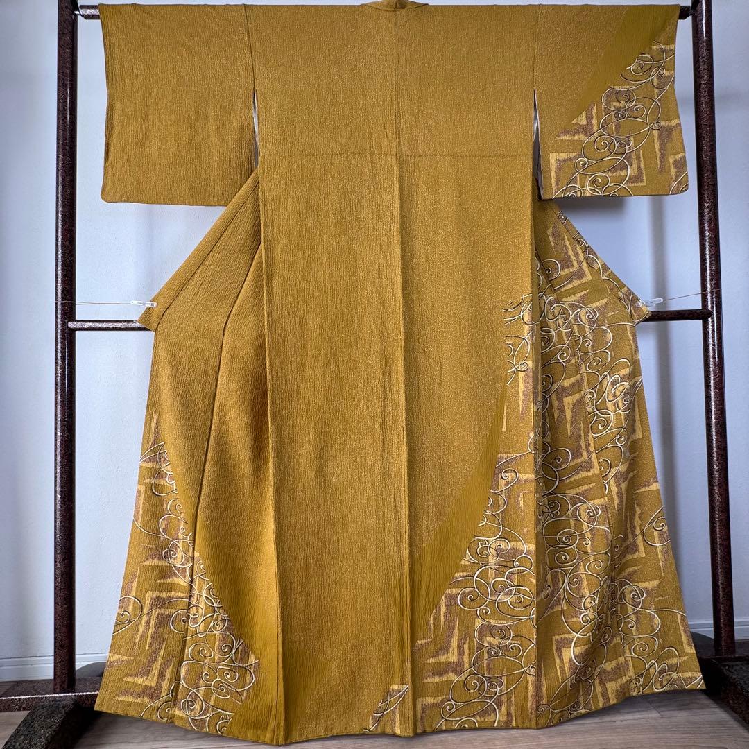 超美品　正絹　袷　広襟　訪問着　着物 168裄67 ふくれ織　からし　黄　トール