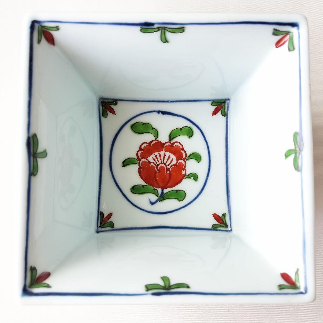 有田焼 源右衛門窯 染錦牡丹丸絵 角小鉢 5客セット